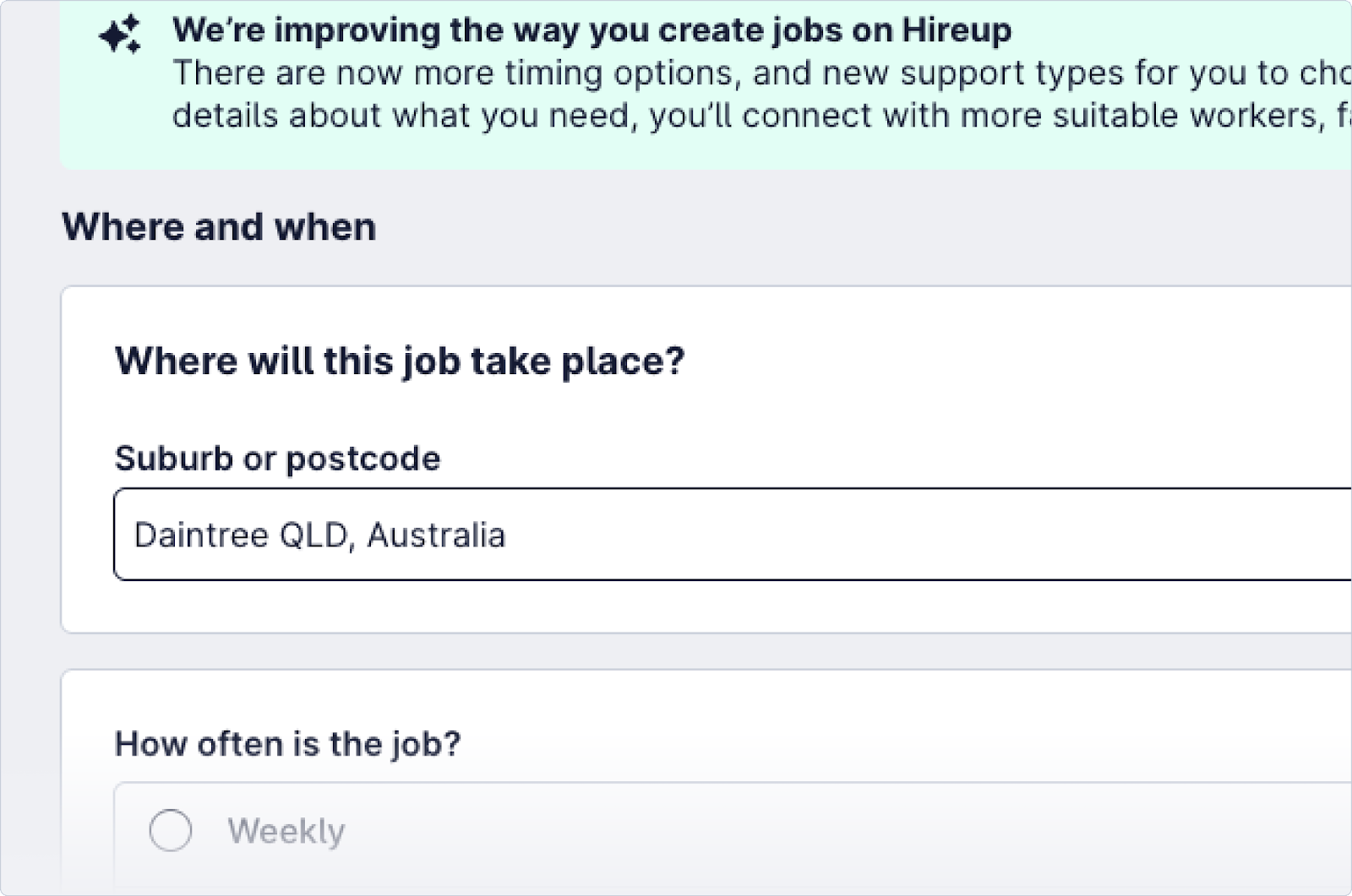 Screenshot of the interface of creating a job highlighting the job location text field