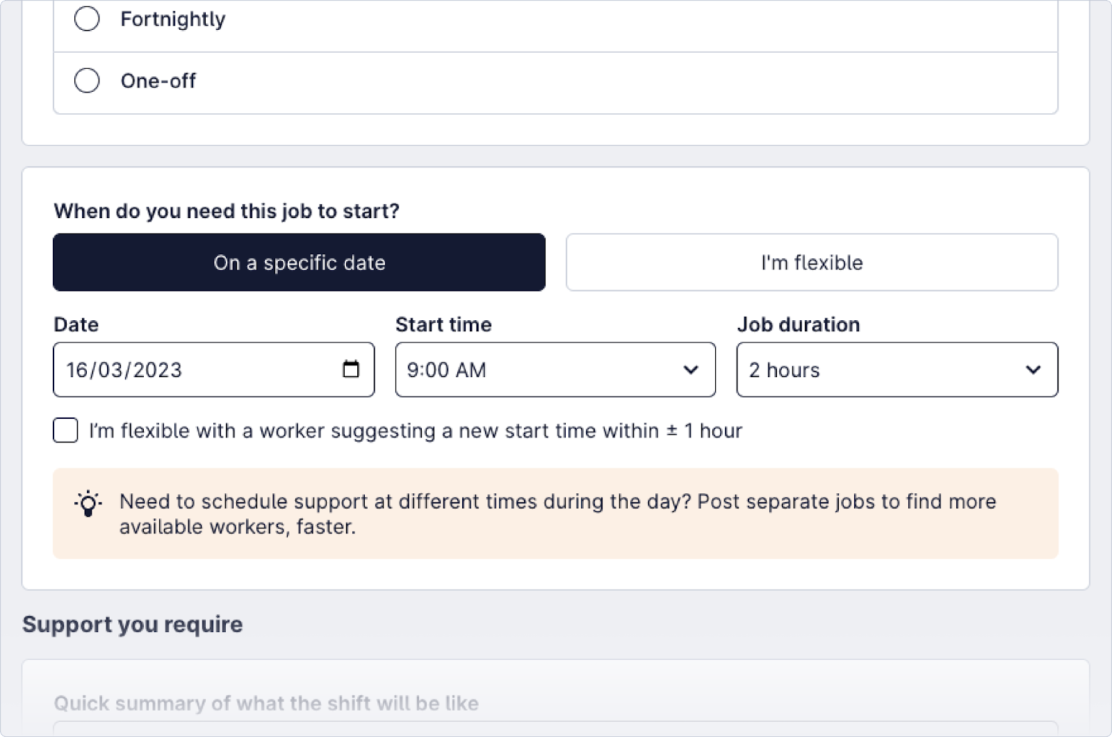 Screenshot of the interface of creating a job highlighting specific date option