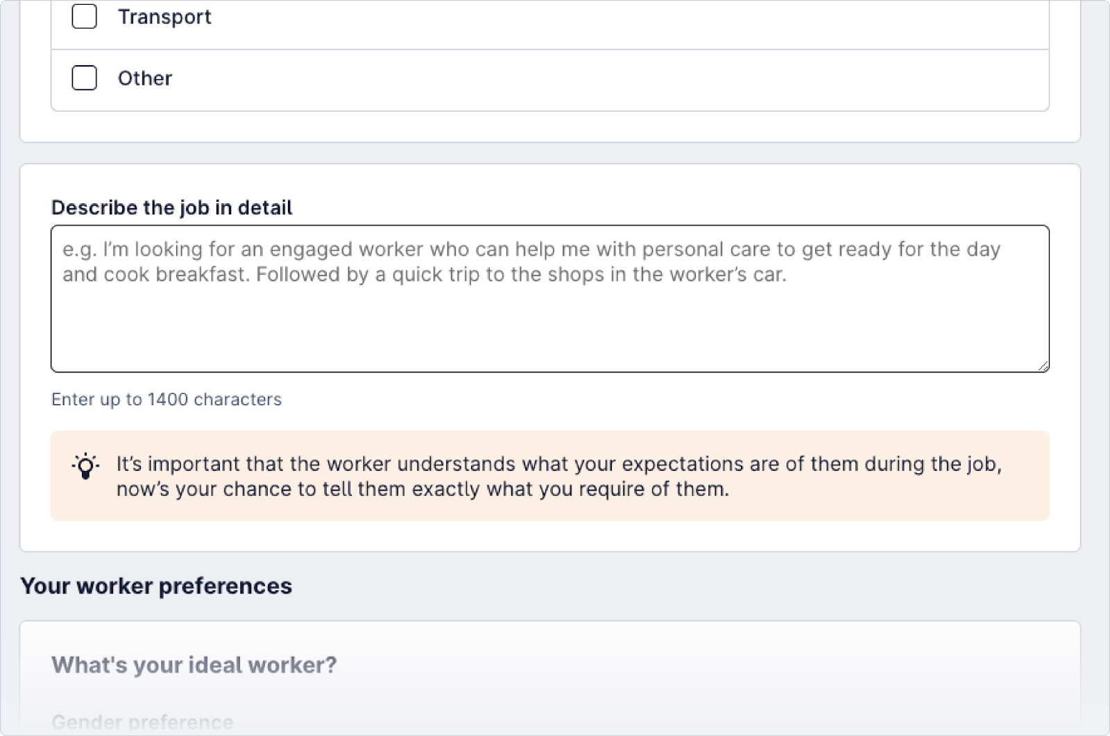 Screenshot of the interface of creating a job highlighting the job description text field