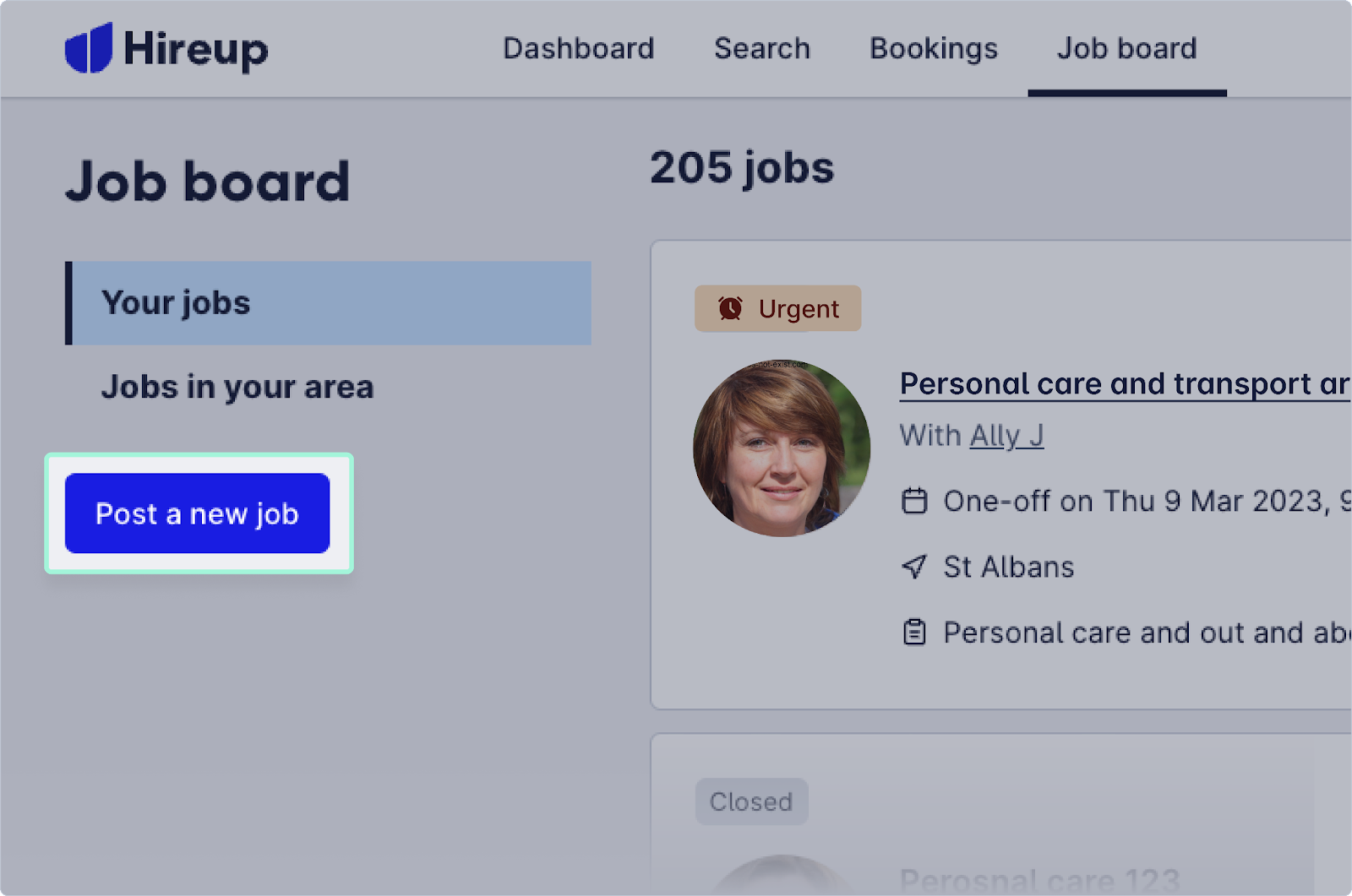 Screenshot of the interface of job board highlighting the post a new job button