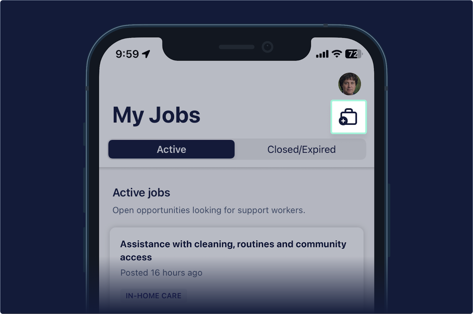 Screenshot of the interface of the iOS application my jobs highlighting the post a job button
