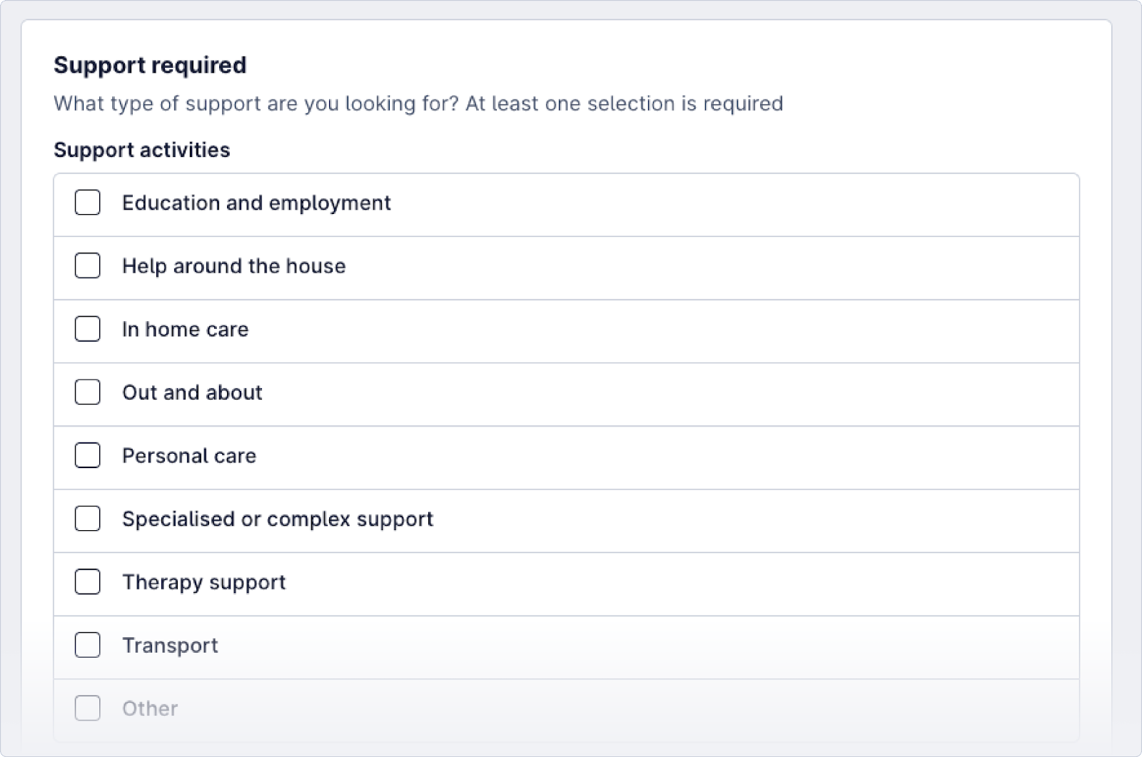 Screenshot of the interface of creating a job highlighting the support activities required