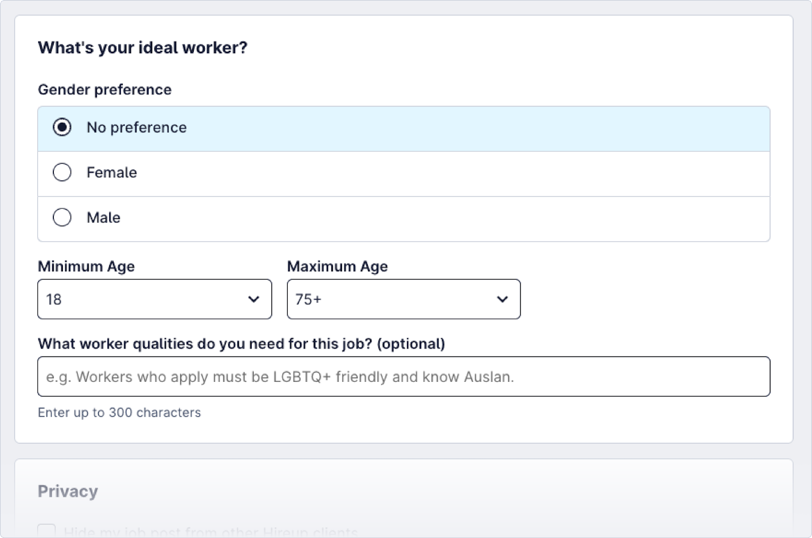 Screenshot of the interface of creating a job highlighting the ideal worker preferences