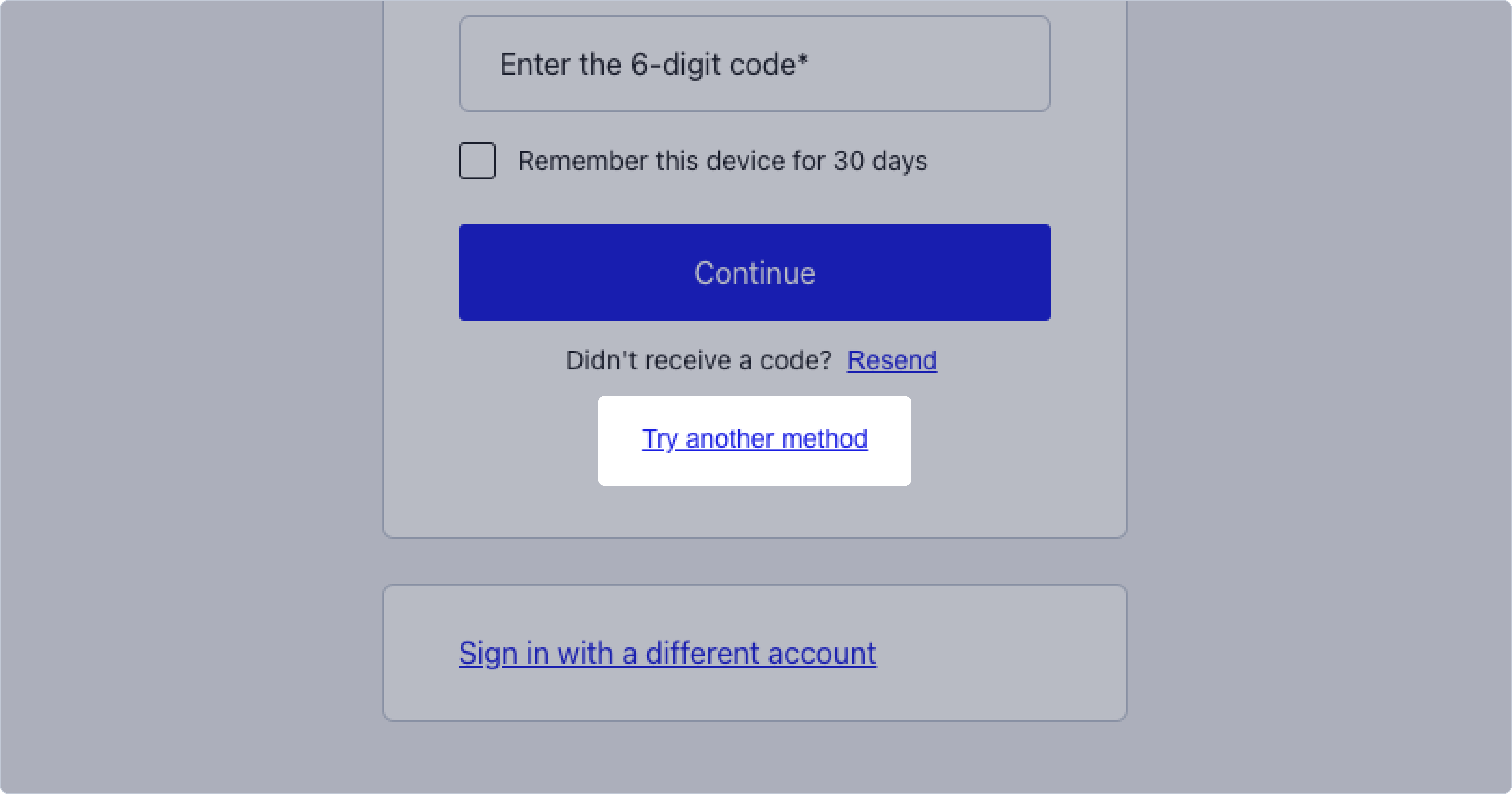 An image zoomed into the bottom part of the verification prompt when logging in with multi-factor authentication. It highlights a button that says Try another method