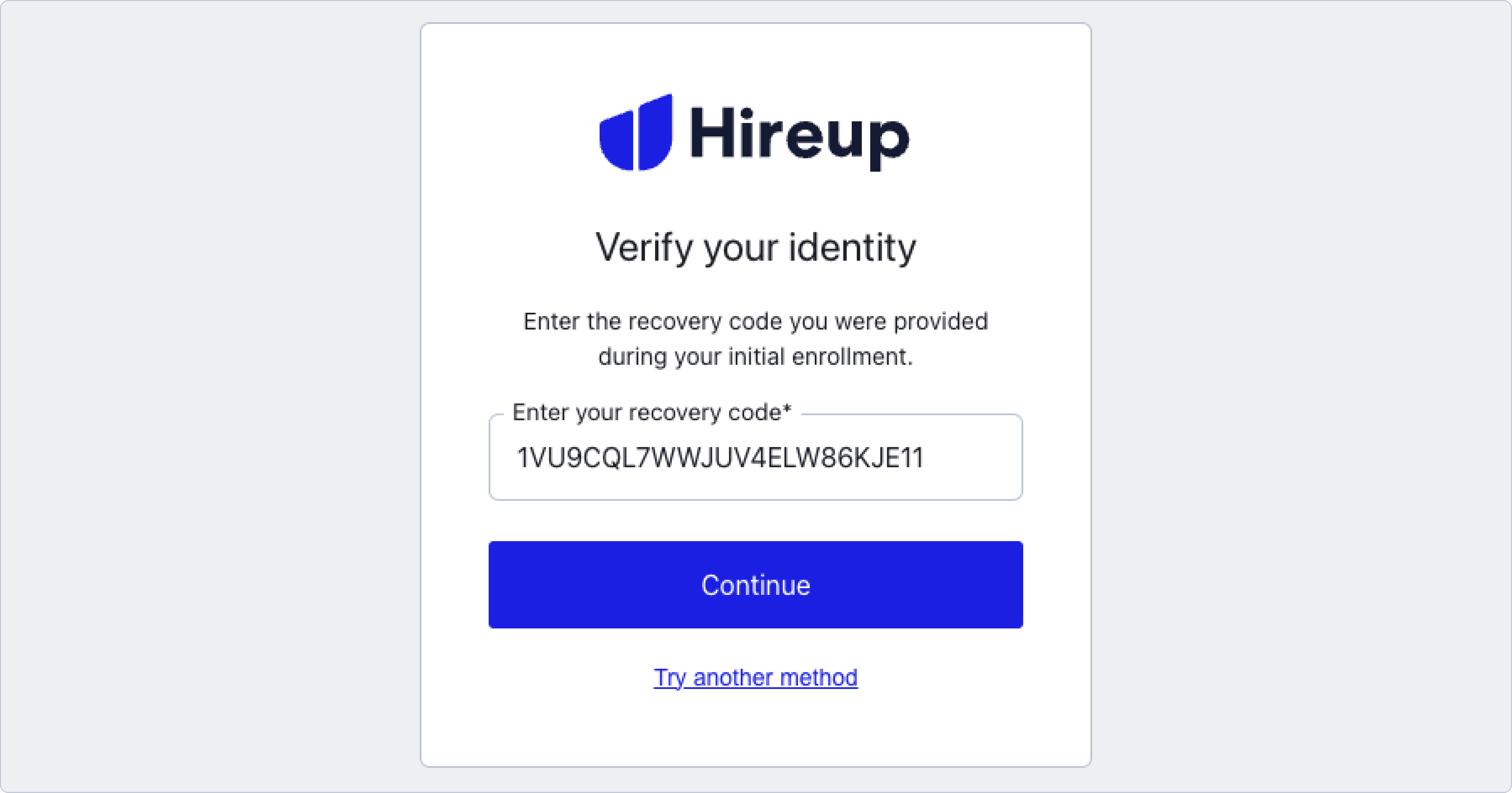 An image of the verification prompt when logging in using a recovery code as the multi-factor authentication. It has a field where it asks you to Enter your recovery code. There is a button that says continue at the bottom