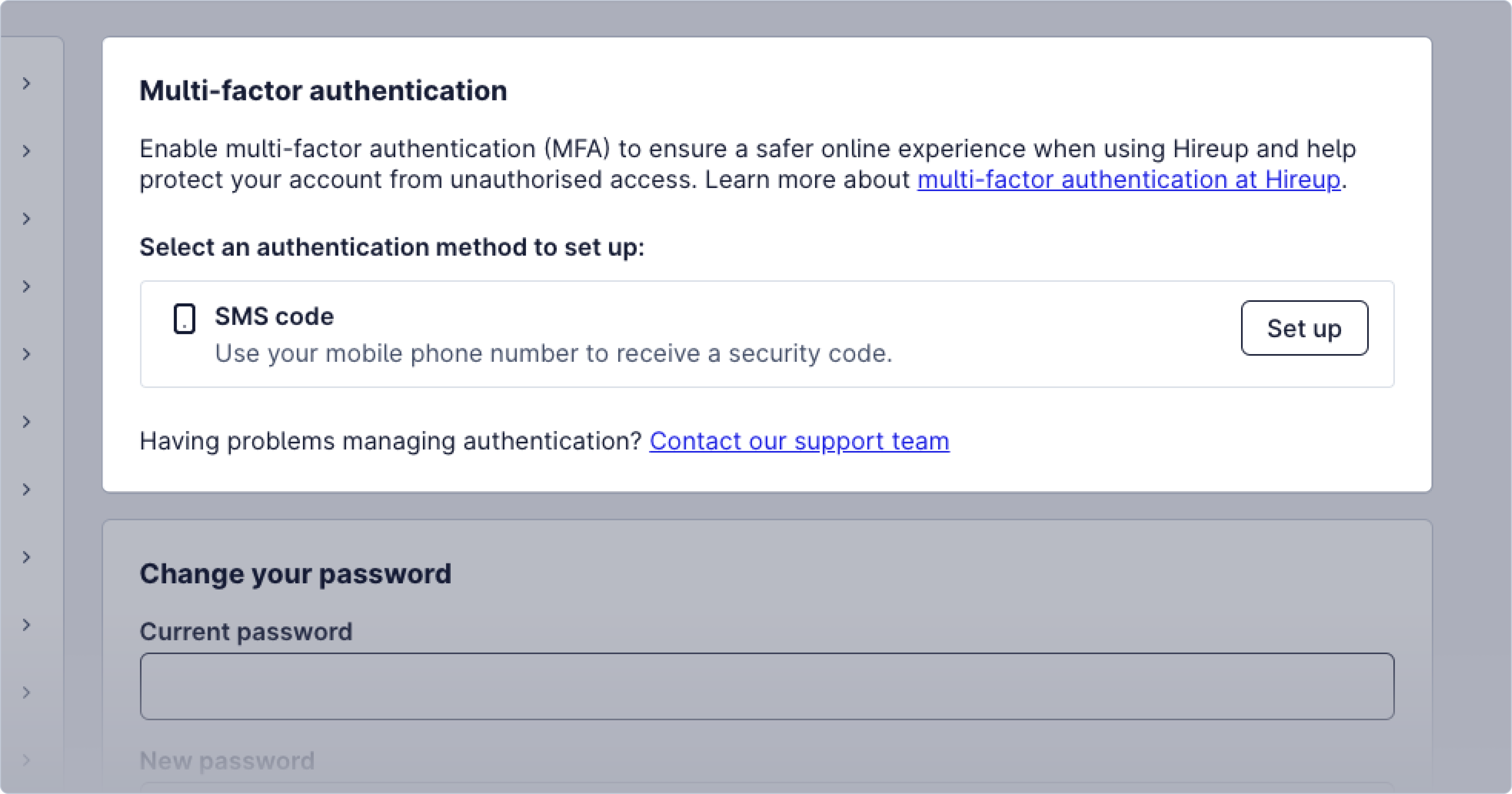 An image of the Hireup web application, highlighting where you can select Multi-factor authentication in your Secuirty Settings page