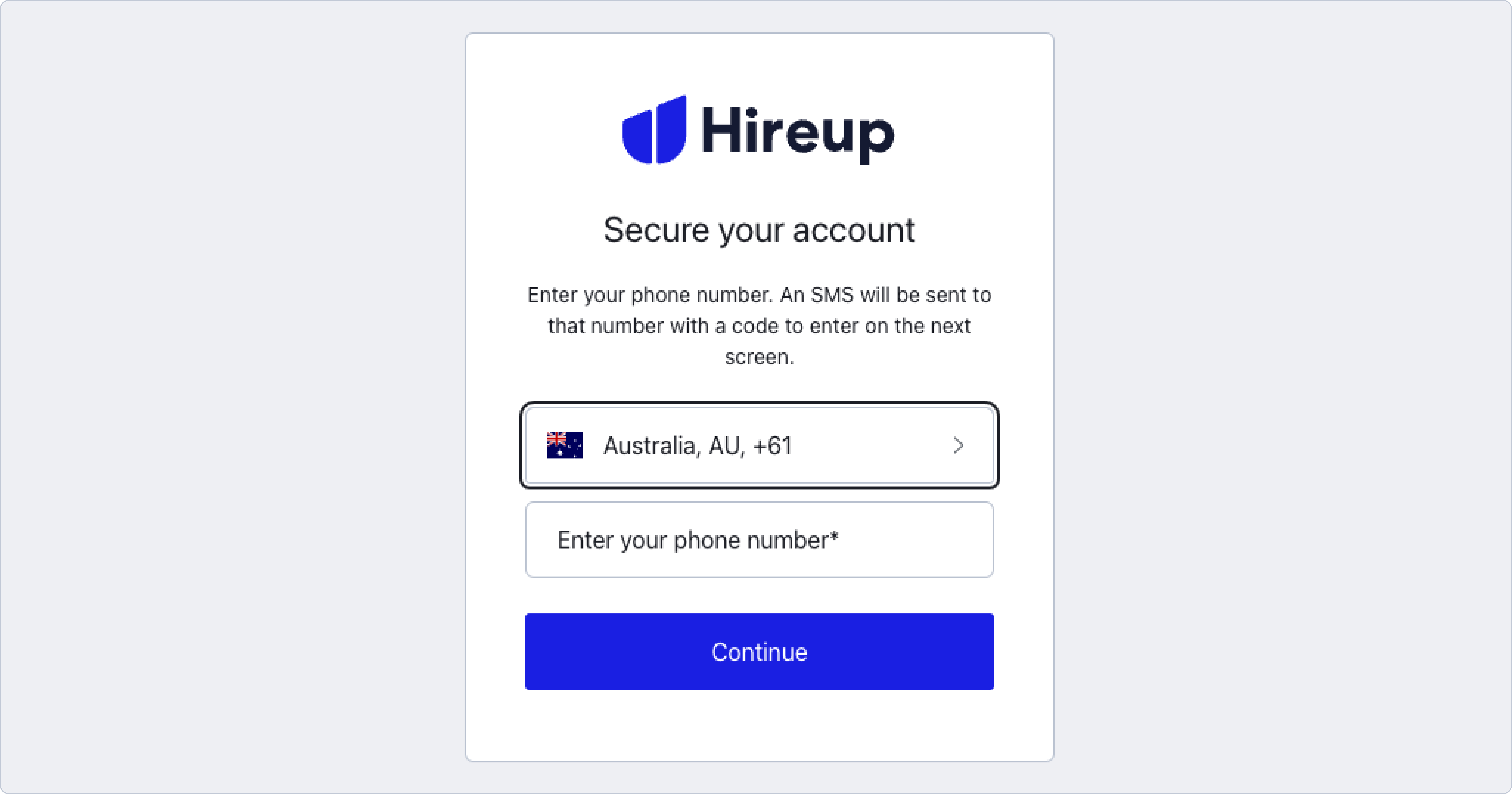 An image of the first screen seen during set up of multi-factor authentication. It shows a field where the country must be selected and a field where you must enter your phone number. There is a button that says continue at the bottom