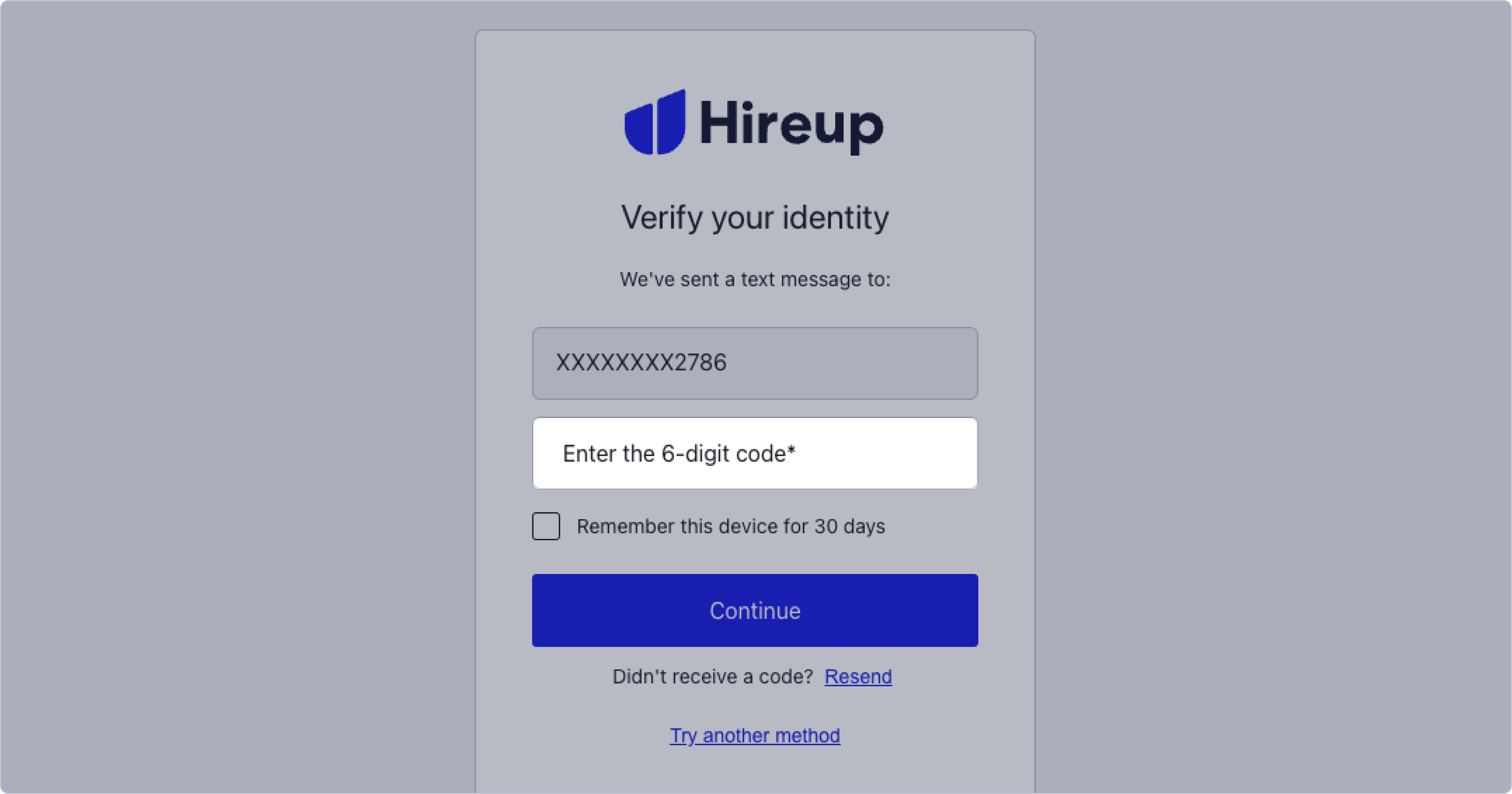 An image of the verification prompt when logging in with multi-factor authentication. It has a field where it shows you the phone number the verification text has been sent too, and a field where you can enter the 6 digit verification code. There is an option to tick a field called Remember this device for 30 days. There is a button that says continue at the bottom