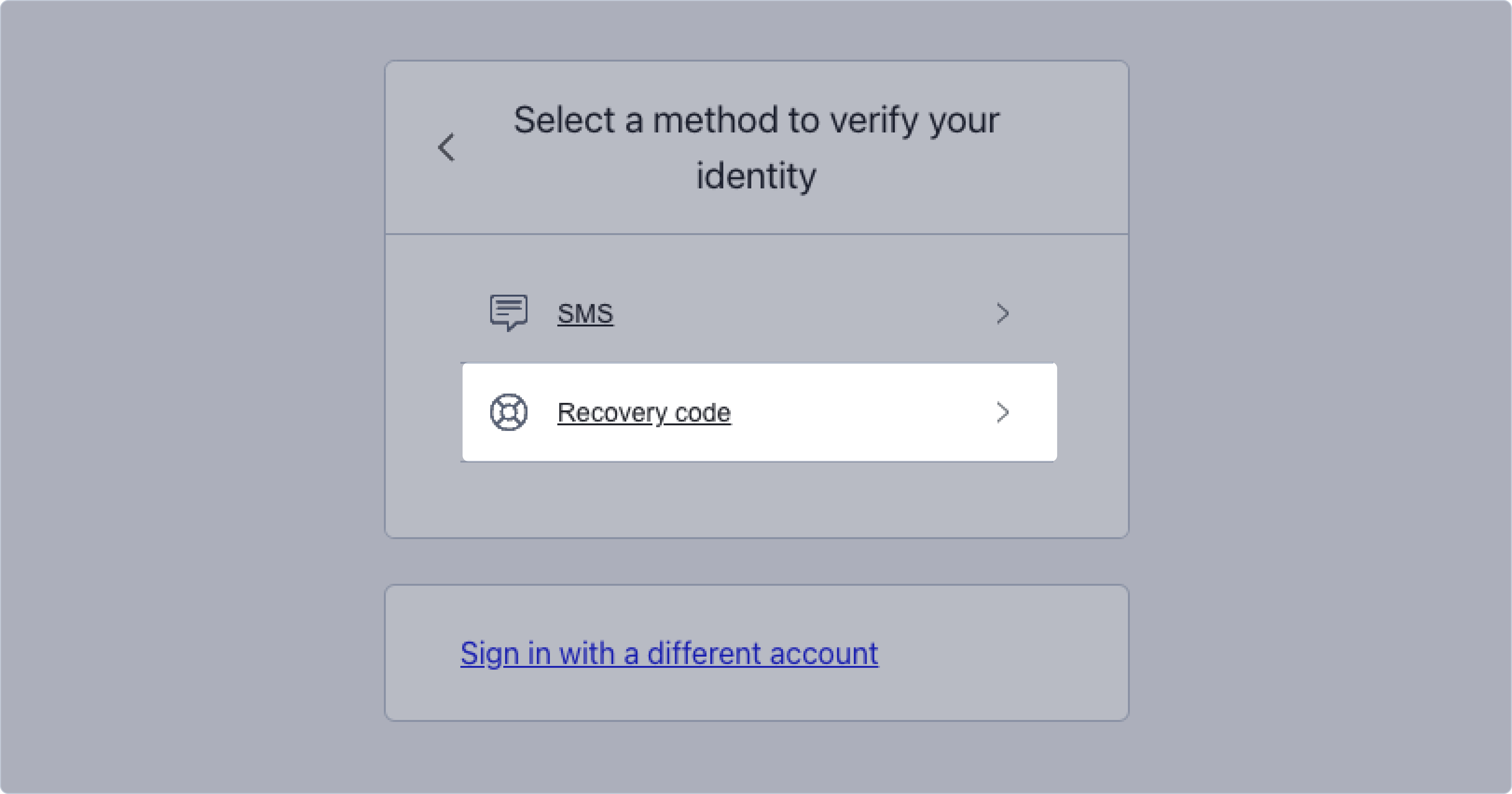 An image of the screen seen when selecting a different method to verify your identity. Highlighted is the button labelled recovery code