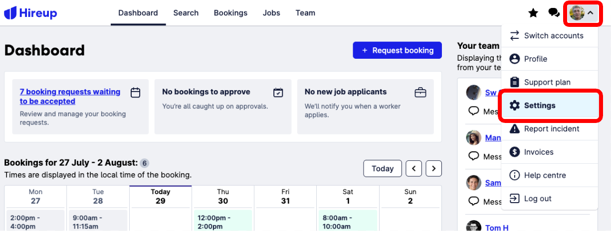 Screenshot of the Dashboard. The menu drop down has been selected, and Settings are highlighted in the list