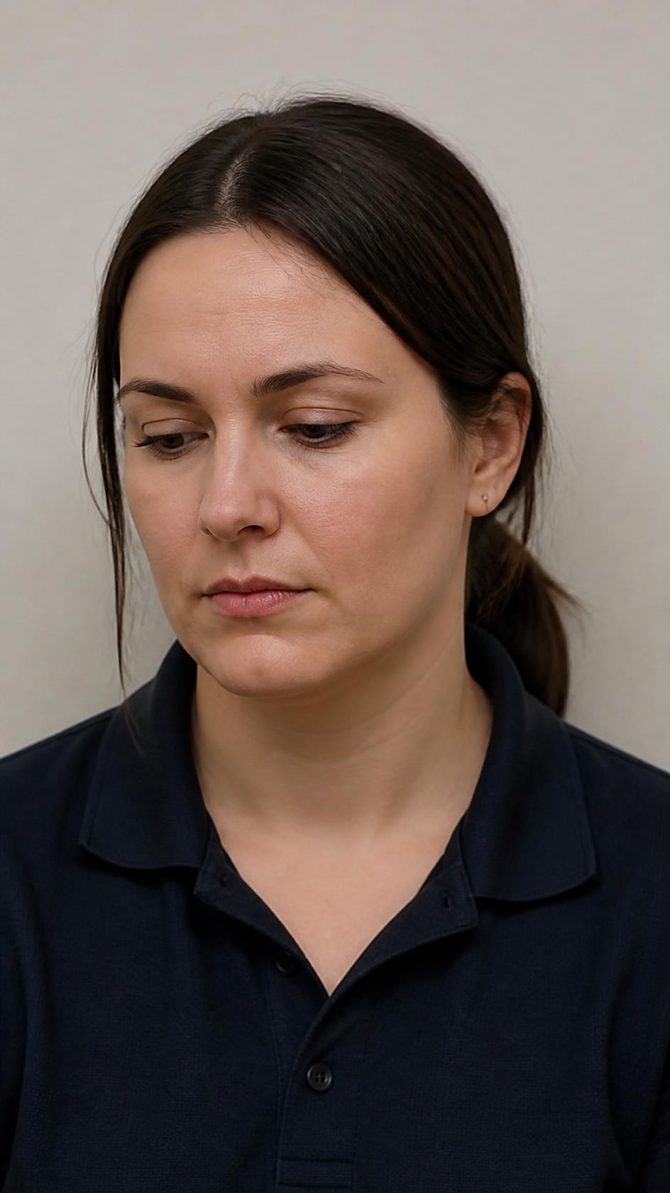 A portrait of a woman with dark hair tied back looking down.