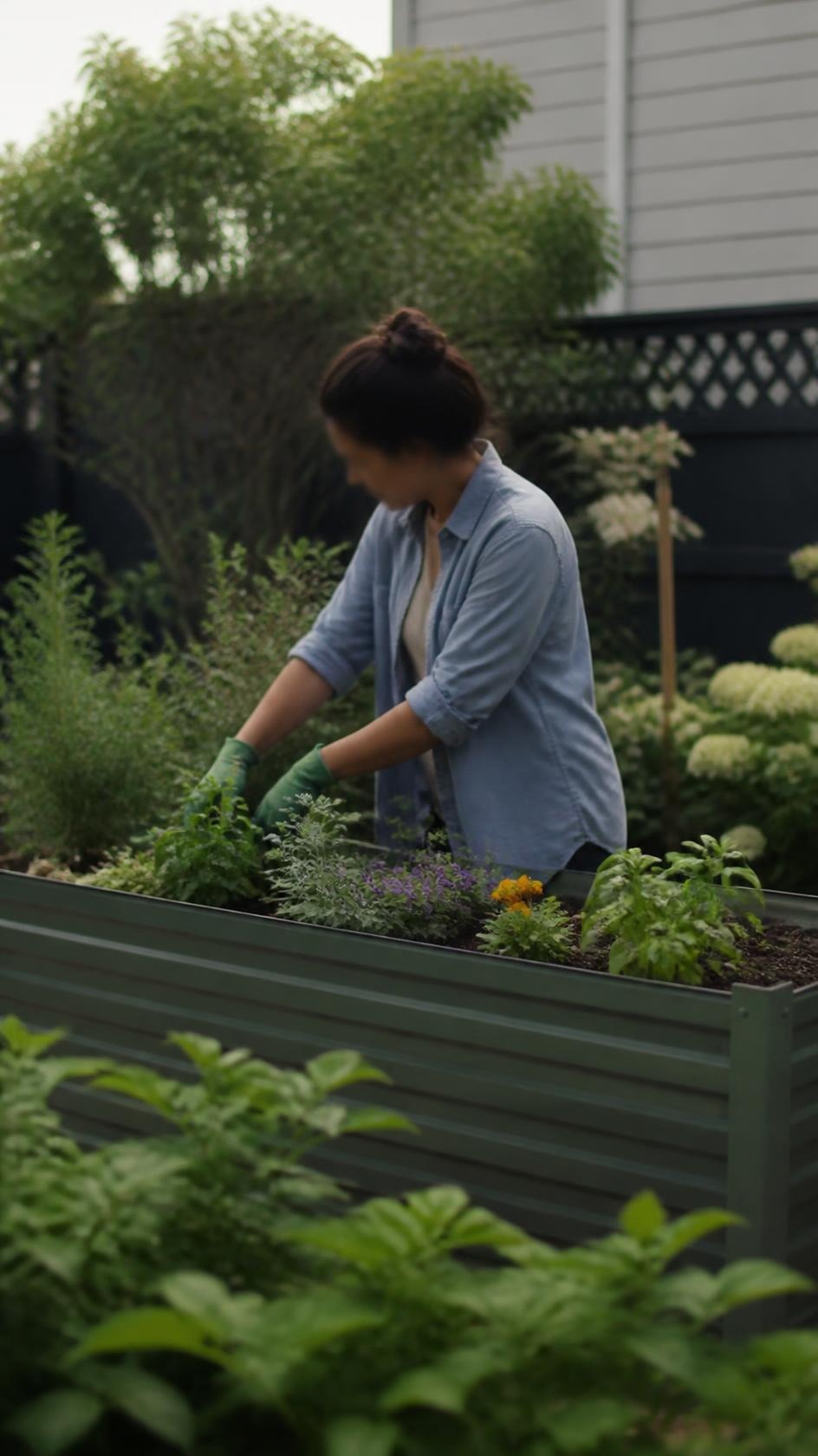 A woman in a blue shirt gardening in a raised bed.