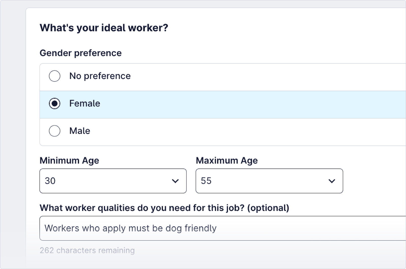 Screenshot of the interface of creating a job highlighting the ideal worker preferences