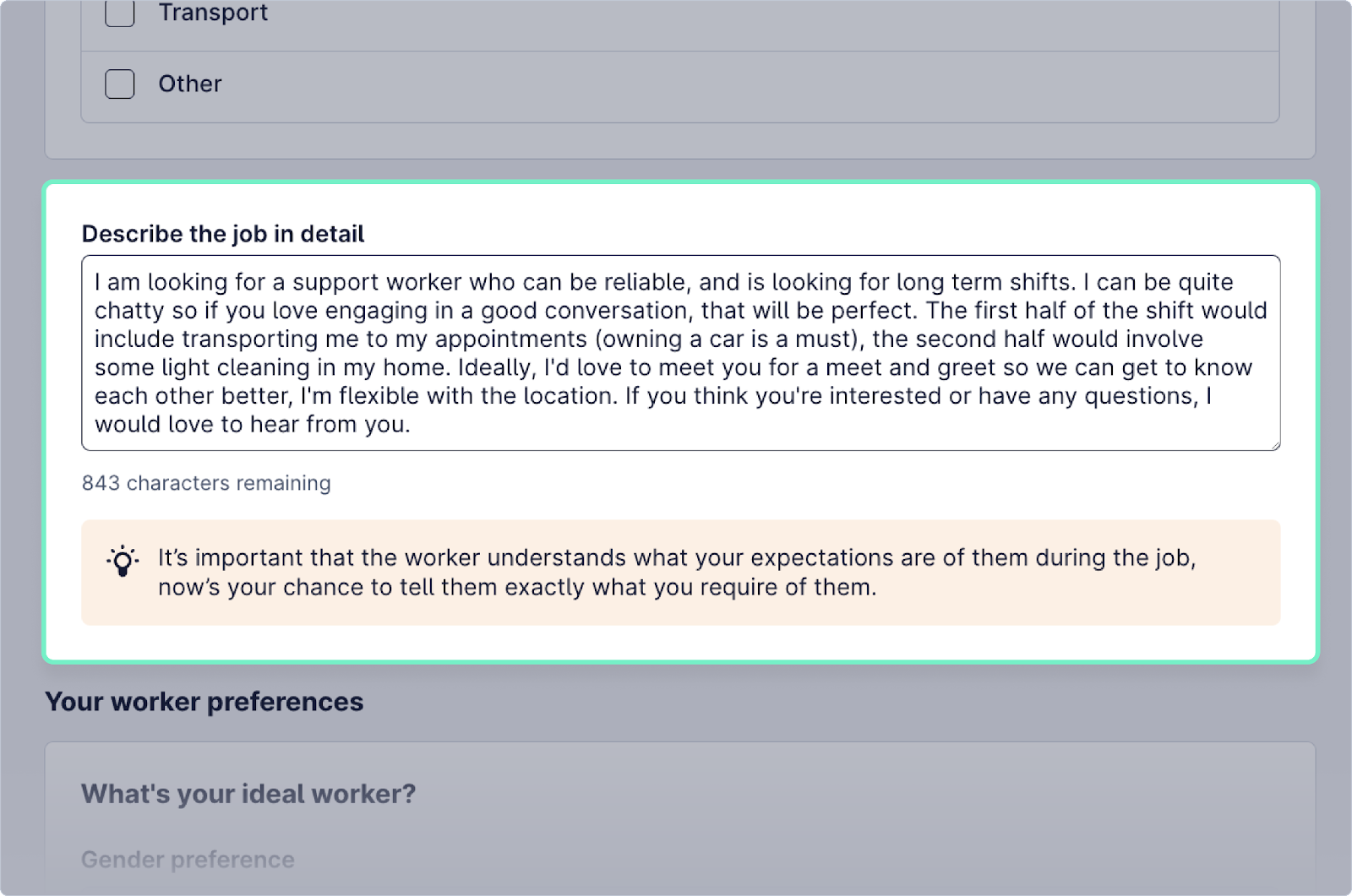 Screenshot of the interface of creating a job highlighting the job description text field
