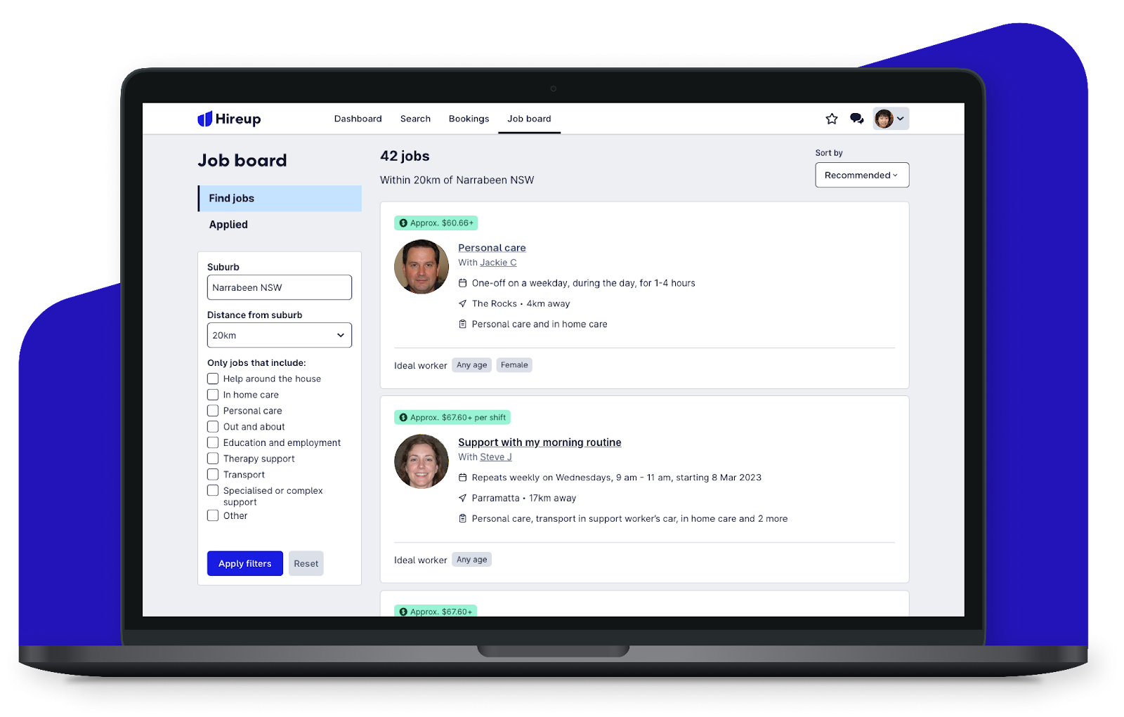 Laptop with screen displaying the Hireup job board