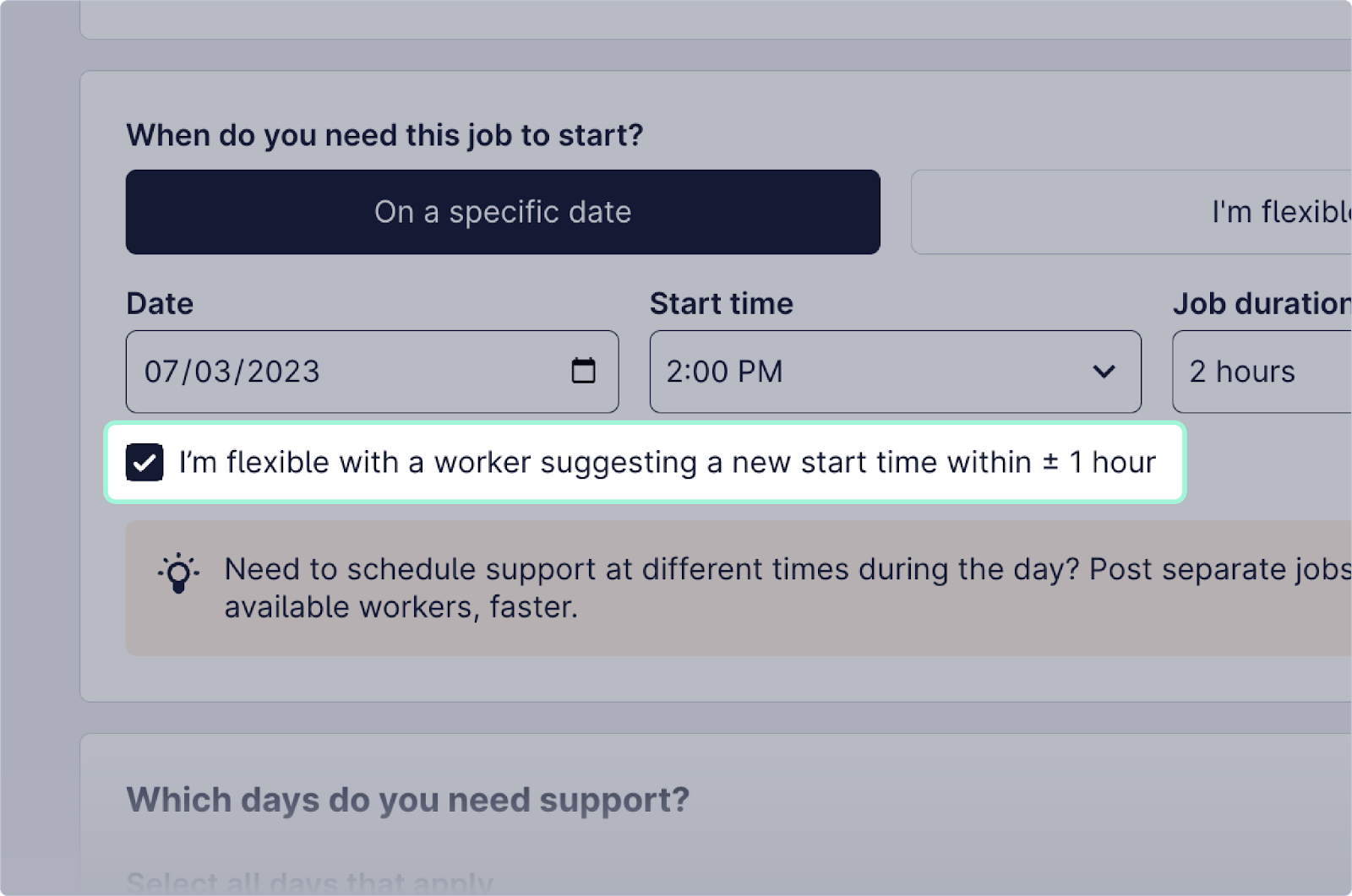 Screenshot of the interface of creating a job highlighting the flexibility checkbox