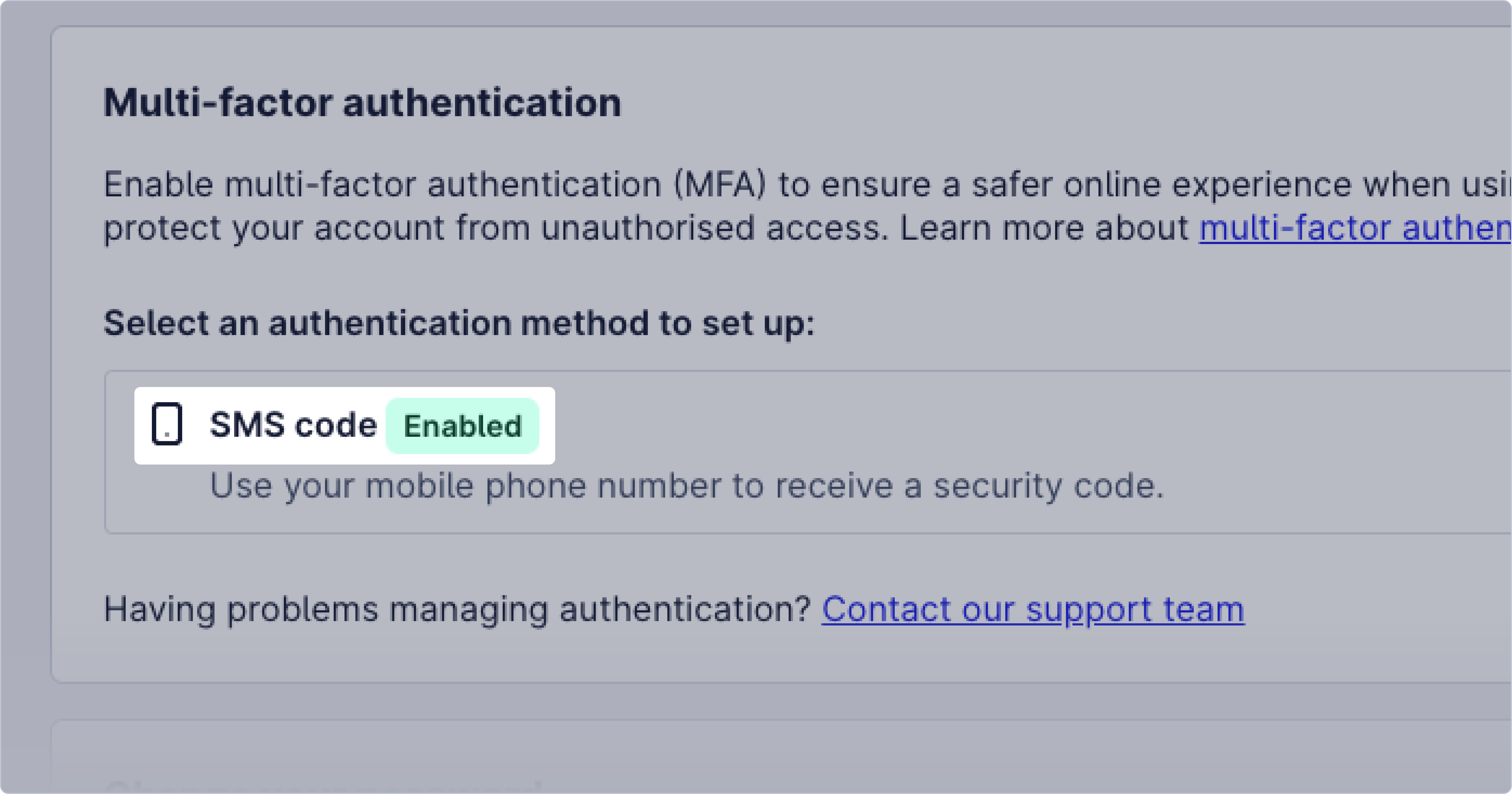 An image of the Hireup web application, highlighting where you can select Multi-factor authentication in your Secuirty Settings page. It now shows Multi-factor authentication via SMS as Enabled
