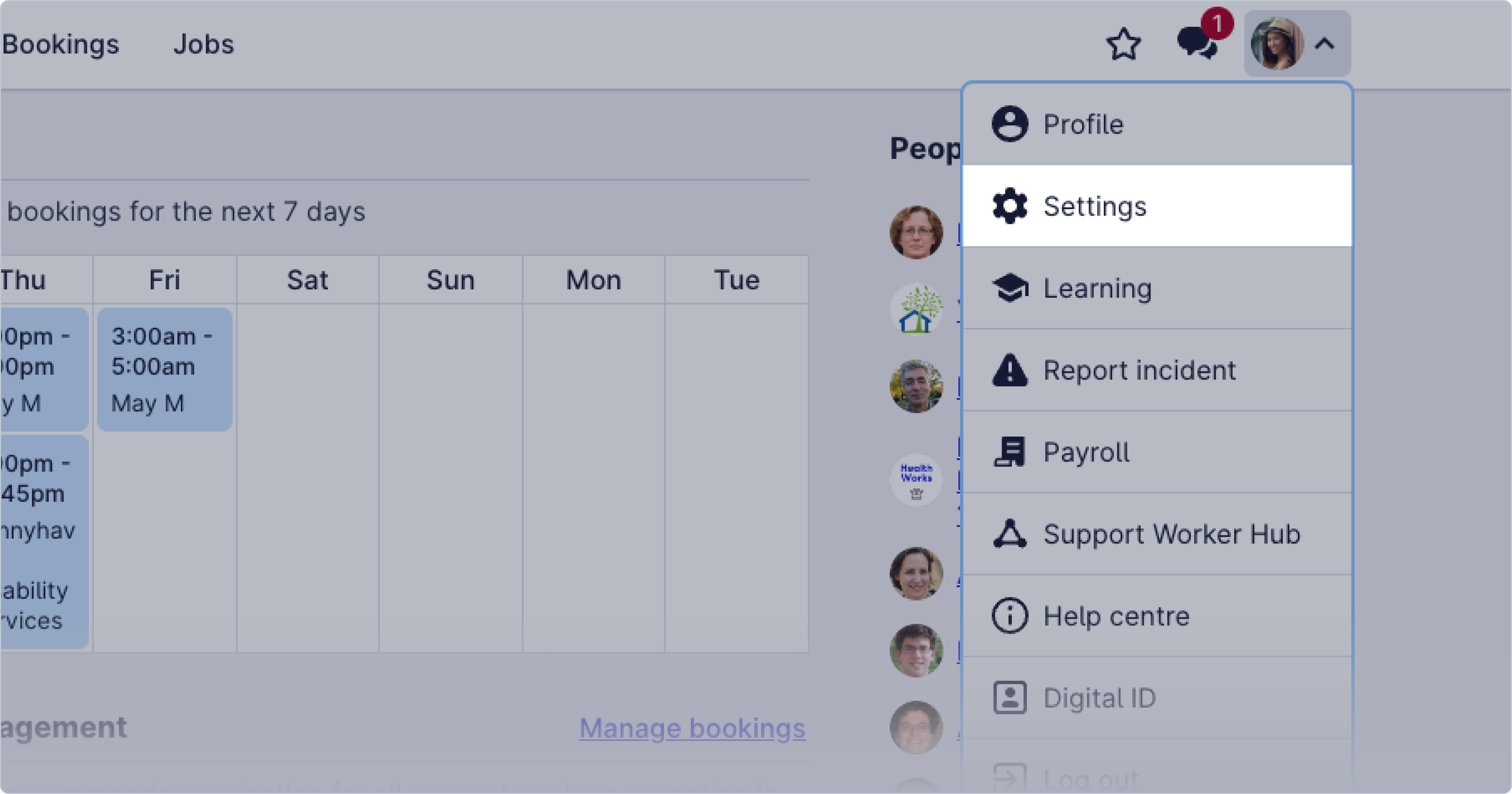 An image of the Hireup web application, highlighting where you can select Settings