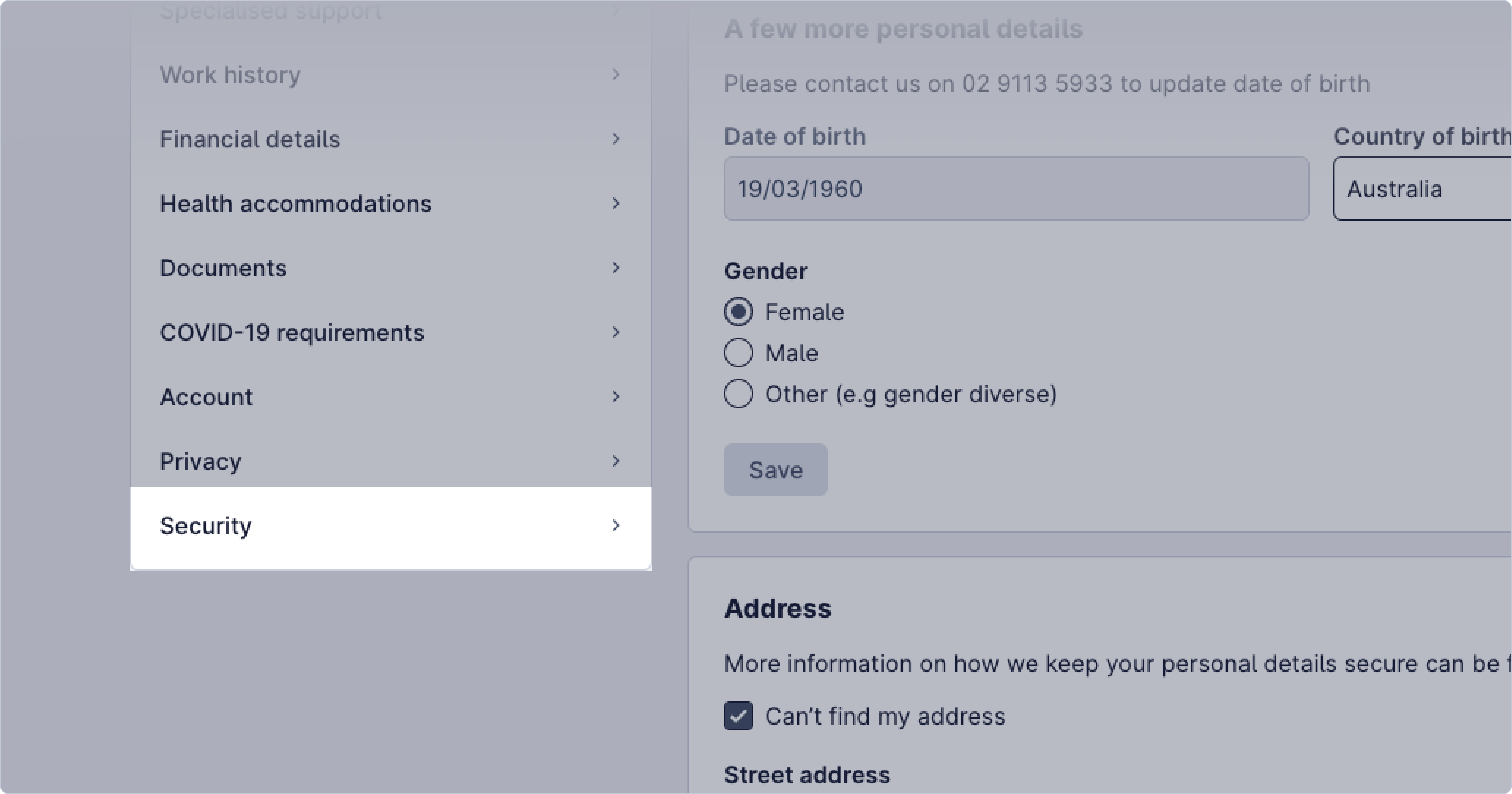 An image of the Hireup web application, highlighting where you can select Security in your Settings page