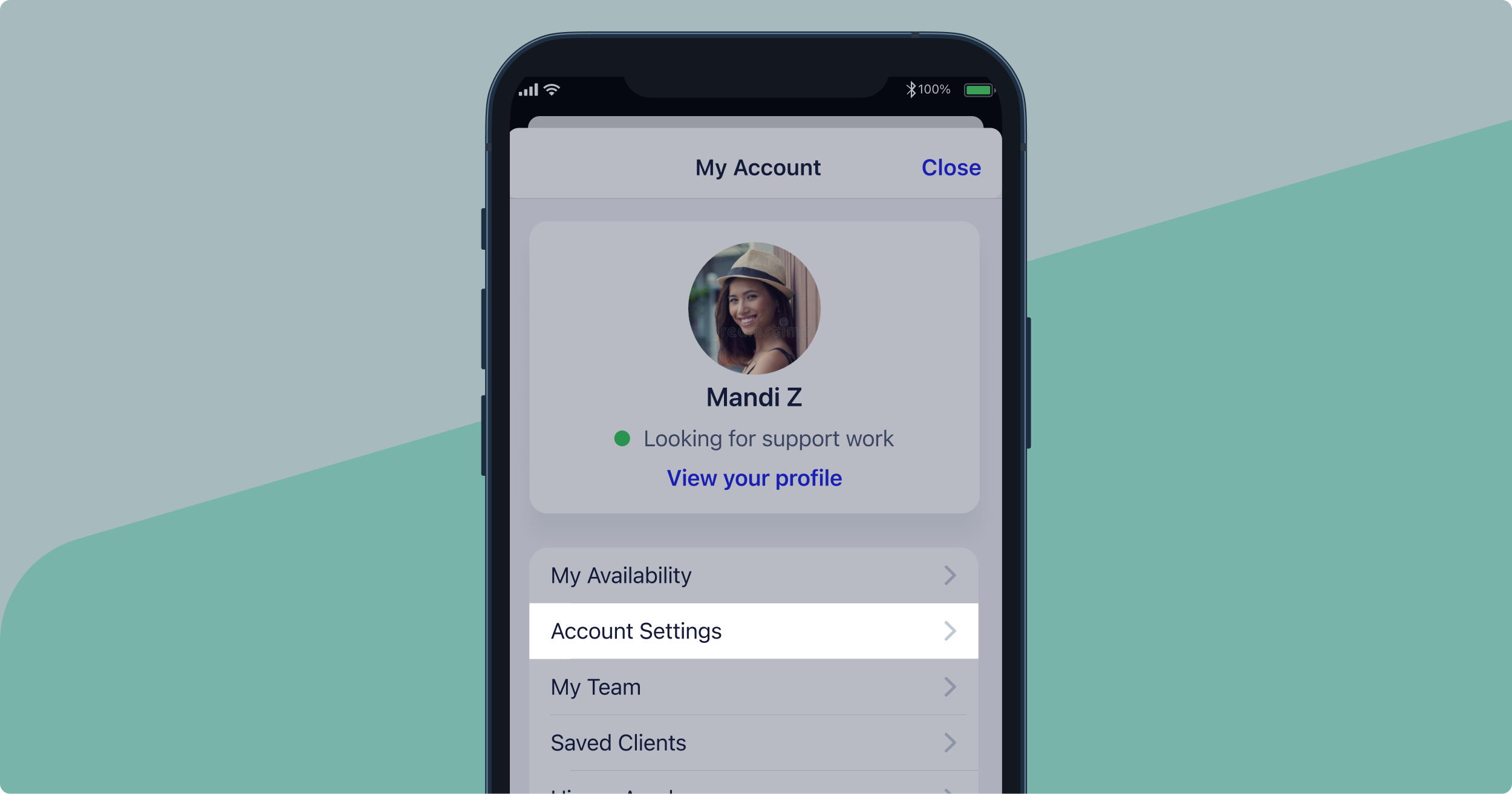 An image of the Hireup phone application, highlighting where you can select Account Settings