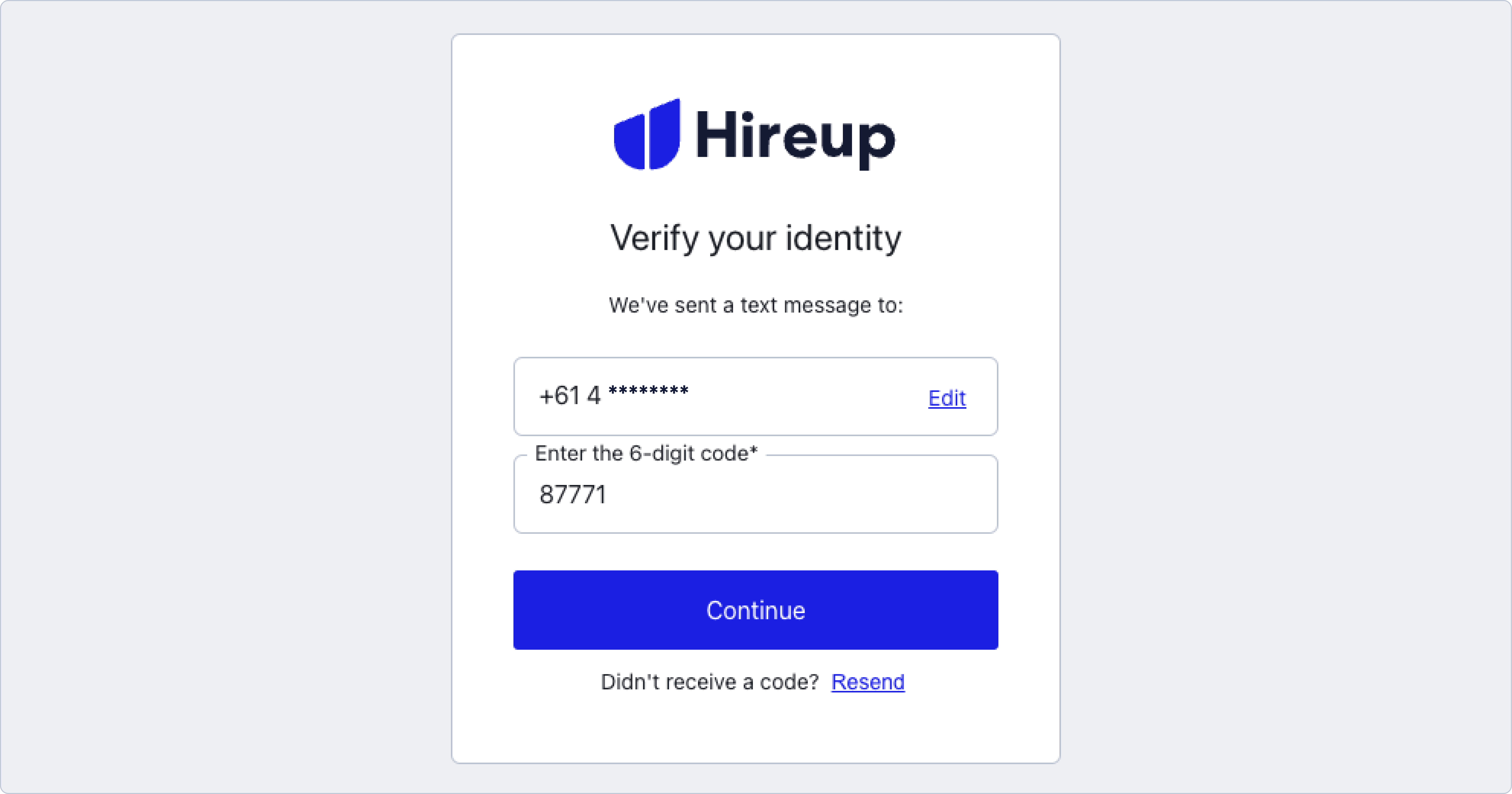 An image of the verification screen seen during multi-factor authentication. It shows a field where it shows your the phone number the verification text has been sent too, and a field where you can enter the 6 digit verification code. There is a button that says continue at the bottom